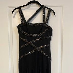 BCBG Long Black Gown, Size 0. Fitted Top with Criss Cross Straps, Straight Skirt